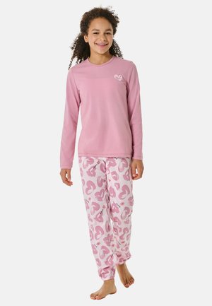 Rosa langärmliges Pyjama-Oberteil mit Herzdesign; passende Hose mit pinkfarbener Herzmusterung und elastischen Bündchen. Aus weichem Baumwollmaterial.