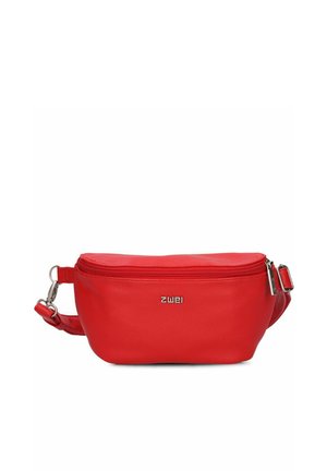 Rote Leder-Gürteltasche mit Reißverschluss und verstellbarem Riemen, mit silberfarbenen Metall-Reißverschlüssen und Markenlogo auf der Vorderseite.