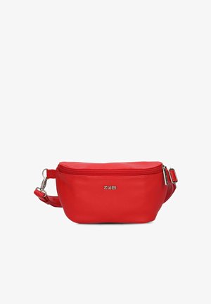 Rote Leder-Gürteltasche mit Reißverschluss und verstellbarem Riemen, mit silberfarbenen Metall-Reißverschlüssen und Markenlogo auf der Vorderseite.