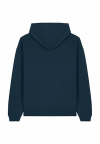 Felpa blu navy con cappuccio, polsini e orlo a coste. Tessuto morbido, vestibilità over con assenza di motivi visibili o dettagli metallici.