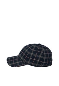 Cap in dark navy plaid pattern with white and red lines. Features a curved brim and six ventilation eyelets. Made of textured fabric.