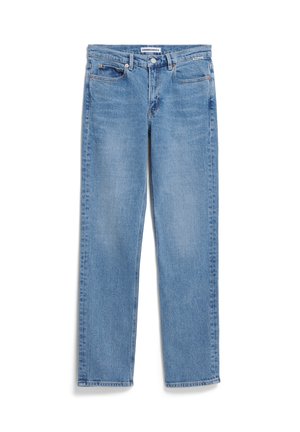 Light blue denim jeans with a straight-leg design, five pockets, and a button closure; features subtle fading and stitching details.