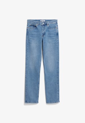Hellblaue Jeans aus Denim mit geradem Bein, fünf Taschen und Knopfverschluss; sie verfügen über dezente Ausbleichungen und Nähdetails.