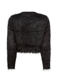Schwarzer, kurzer Pullover mit flauschiger Textur, langen Ärmeln und rundem Ausschnitt. Das Design ist schlicht und hat keine zusätzlichen Verzierungen.