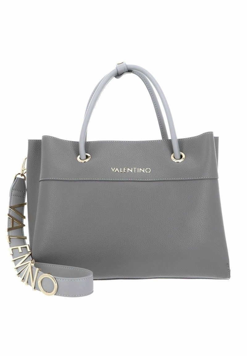 Sac fourre-tout en cuir gris avec des poignées grises doubles et des accessoires en métal doré. Doté d'une sangle amovible avec le lettrage "VALENTINO". Finition texturée.