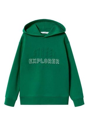 Zielona bluza z kapturem z napisem "STREET EXPLORER" na piersi, wykonanym z mieszanki tłoczonych i białych konturowych liter.