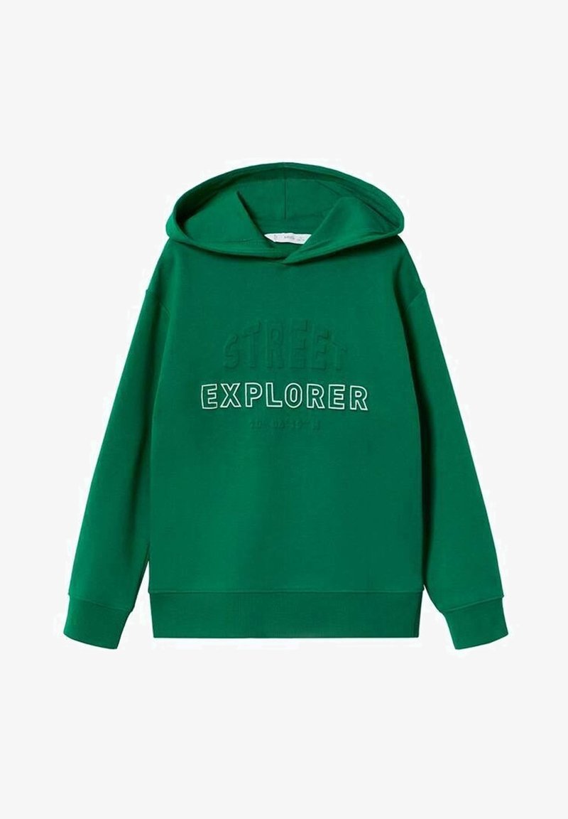 Sweat à capuche vert avec le texte "STREET EXPLORER" sur la poitrine en lettres embossées et blanches soulignées.