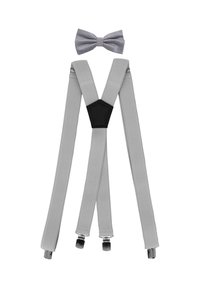 Gray elastic suspenders with a textured pattern, featuring black hardware and a matching gray and white checked bow tie on top.