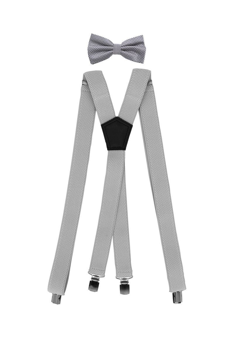 Gray elastic suspenders with a textured pattern, featuring black hardware and a matching gray and white checked bow tie on top.