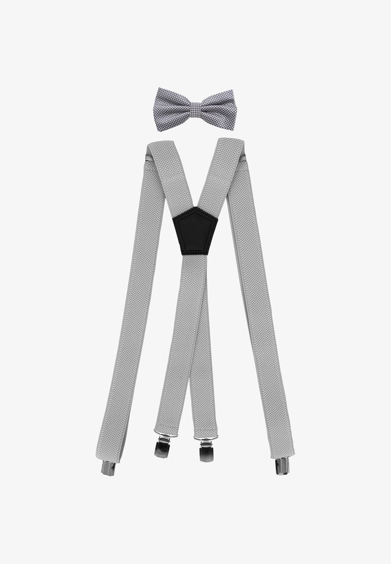 Gray elastic suspenders with a textured pattern, featuring black hardware and a matching gray and white checked bow tie on top.