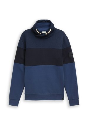 Hanorac pentru bărbați, cu mâneci lungi, în culorile bleumarin și negru, cu un guler înalt tip funnel și ochiuri metalice decorative pe guler.