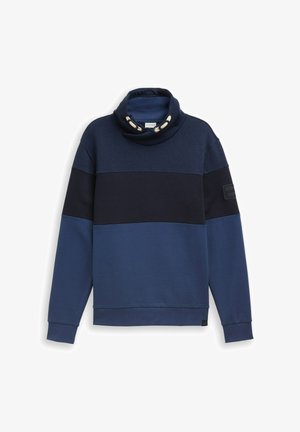 Hanorac pentru bărbați, cu mâneci lungi, în culorile bleumarin și negru, cu un guler înalt tip funnel și ochiuri metalice decorative pe guler.