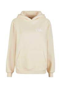 Felpa cappuccio color crema con tasca frontale, polsini a coste e ricamo con la scritta "Solo Buone Vibrazioni". Tessuto morbido, design casual.