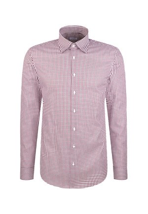 Herren Langarmhemd mit einem kleinen karierten Muster in Weiß und Burgunderrot sowie einem spitzen Kragen.