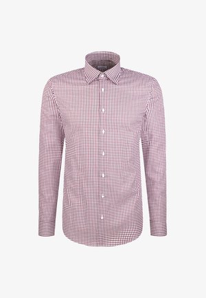 Heren overhemd met lange mouwen, knoopsluiting, in een wit en bordeauxrood klein geruit patroon en met een puntige kraag.