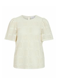 Top color crema con un diseño estructurado, que presenta mangas cortas abullonadas y un patrón de cuadrícula de detalles recortados. Cierre en la parte posterior con forma de ojal.