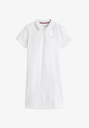 Biała sukienka polo z krótkim rękawem, trzema guzikami, małym logo flagi Tommy Hilfiger na piersi oraz paskowanym detalem wewnątrz kołnierzyka.