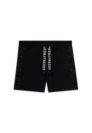 Pantaloncini sportivi neri con fascia elastica in vita, coulisse con etichetta "FREDDY" e pannelli laterali con motivo sottile.