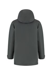 Donkergrijze waterdichte winterjas met capuchon, lange mouwen en verstelbare manchetten, getoond van de achterkant op een witte achtergrond.