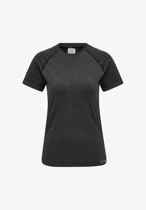 Mørkegrå kortærmet atletiktrøje med teksturerede mønstrede ærmer og rund halsudskæring, med et lille logo nær bundkanten.