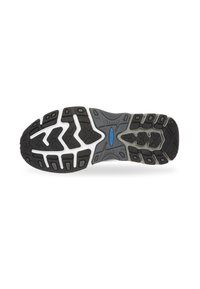 Sole di scarpa in gomma nera con motivi testurizzati, dettagli grigi e un logo blu. Presenta scanalature per la trazione e una forma curva.