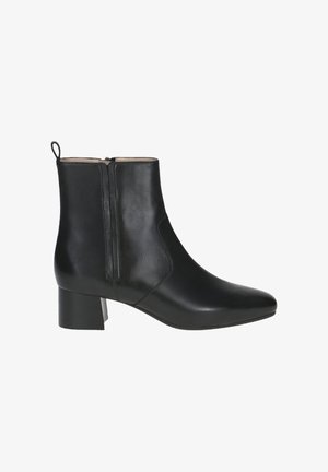 Black leather ankle boot with a pointed toe and a moderate block heel. Features a side zipper and smooth texture. Simple, sleek design.