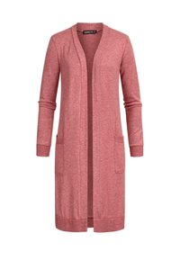 Long gilet ouvert à l'avant en tissu rose doux et texturé. Dispose de deux poches avant et de poignets et ourlet côtelés. Idéal pour le superposition.