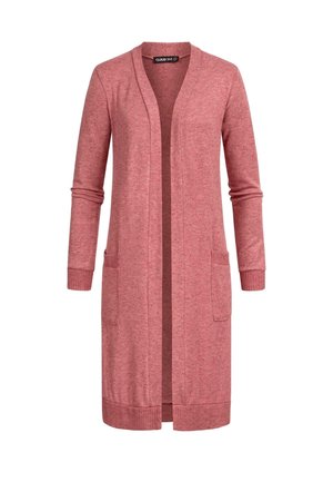 Cardigan largo de frente abierto en una suave y texturada tela de color rosa. Cuenta con dos bolsillos frontales y puños y dobladillo acanalados. Adecuado para superponer.