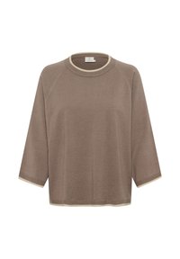 Pull en tricot marron taupe à manches longues avec col rond et bordure crème sur le col, les extrémités des manches et l'ourlet, taille moyenne.