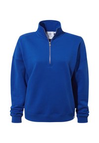 Blue fleece pullover with a high collar and quarter-zip. Features ribbed cuffs and hem, soft texture, and an embroidered logo on the label.