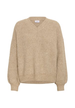 Beeži kudumine V-kaelusega sviiter pikkade ballonivarrukate, soonikute ja alläärtega, esitlemisel valge tausta ees.