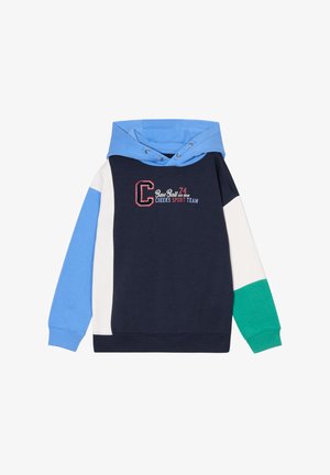 Sudadera juvenil con capucha en dos tonos, cuerpo en color marino y mangas en bloques de color azul, blanco y verde con bordado "Creeks Sport Team".