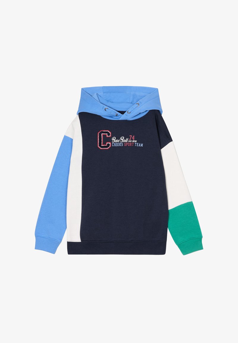 Felpa per ragazzi con cappuccio bicolore, corpo blu navy e maniche a blocchi di colore blu, bianco e verde, con ricamo "Creeks Sport Team".