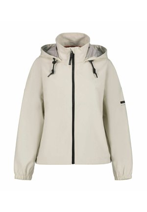 Hellbeige Jacke mit Reißverschluss vorne, verstellbarer Kapuze und elastischen Bündchen. Verfügt über ein graues Innenfutter und ein Logo-Akzent auf dem Ärmel.