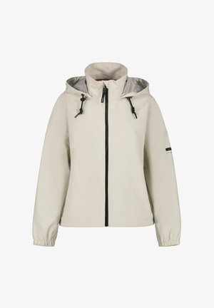 Light beige jacket with a zip front, adjustable hood, and elastic cuffs. Features a gray inner lining and a logo accent on the sleeve.