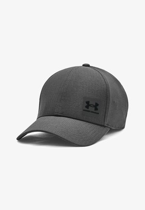 Dark gray baseball cap made of textured fabric, featuring a black Under Armour logo patch on the front and a curved brim.