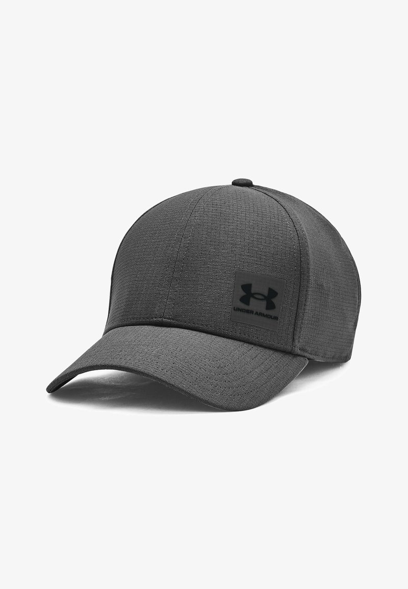 Dark gray baseball cap made of textured fabric, featuring a black Under Armour logo patch on the front and a curved brim.