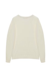 Pull à manches longues de couleur crème avec un col rond et des poignets et ourlet côtelés, montré de dos sur un fond blanc.