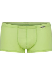 Zelené boxerky vyrobené z měkké látky, s vodorovnými pruhy, tvarovaným pytlíkem a malým logem značky na pásku.