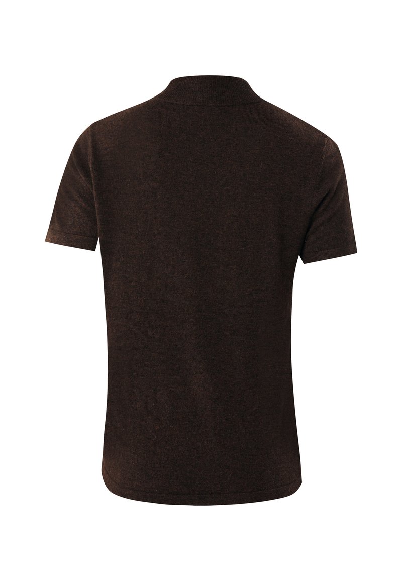 Brązowa koszulka polo z krótkim rękawem, z prążkowanym kołnierzykiem oraz miękkim, teksturowanym materiałem. Ma gładkie plecy bez widocznych logo lub wzorów.