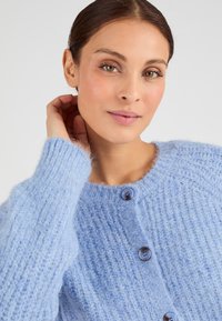 Cardigan lavorato a maglia blu chiaro con texture a coste, scollatura rotonda e tre bottoni frontali. Materiale morbido e soffice con dettagli delicati.