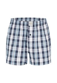 Pruhované boxerky vyrobené z bavlněné směsi, v námořnické modré, bílé a světle modré barvě. Elastický pas a zapínání na knoflík.