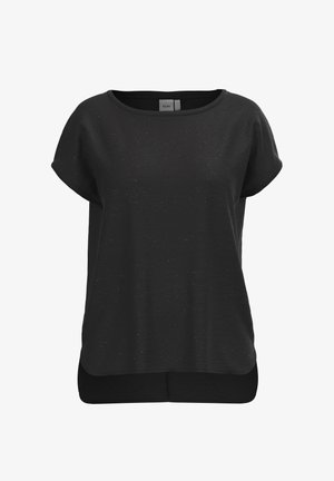 Juodas trumpas rankovėmis marškinėliai su apvaliu iškirpimu, pasižymintys tekstūruotu audiniu su subtiliais taškeliais ir ilgesniu nugara hem.