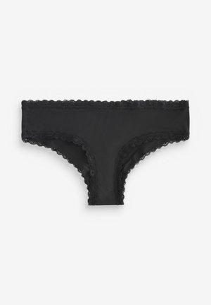 Sorte trusser med blondetrimning i glat, slankt stof, med et enkelt, lavtaljet design og dekorative blondekanter rundt om linningen.