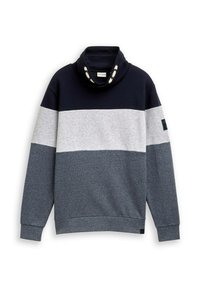 Schweißshirt in Blockfarben in Marineblau, Grau und Hellgrau. Mit einem Schalkragen und Knöpfen sowie gerippten Bündchen. Aus weichem, strukturiertem Stoff.
