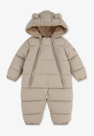 Beige polstret baby flyverdragt med dobbelte front lynlåse, hætte foret med blødt fleece og små runde ører på hætten.