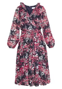 Blommönstrad omlottklänning i marinblått med rosa och vita mönster. Långa puffärmar, volangkrage och ett matchande bälte. Lättviktigt tyg.