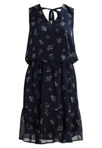 Marineblaues Blumenkleid mit ärmellosem Design, V-Ausschnitt, gebundenem Rücken und gerafftem Taillenbereich. Mit kleinen rosa und weißen Blumenmustern.