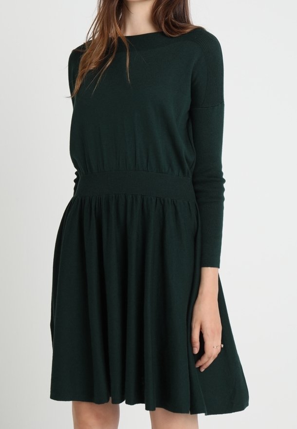 Mörkgrön stickad klänning med en figurnära bodice, ribbade ärmar och en svängd kjol. Materialet verkar mjukt och har en annan slät struktur.