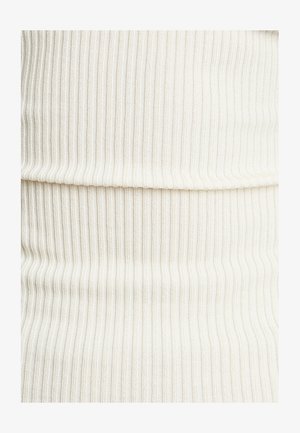 Ribbed knit fabric in off-white, featuring vertical stripes. Texture appears soft and stretchy, with a smooth finish.